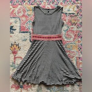 Black White Striped Aztec Belt Mini Skater Dress